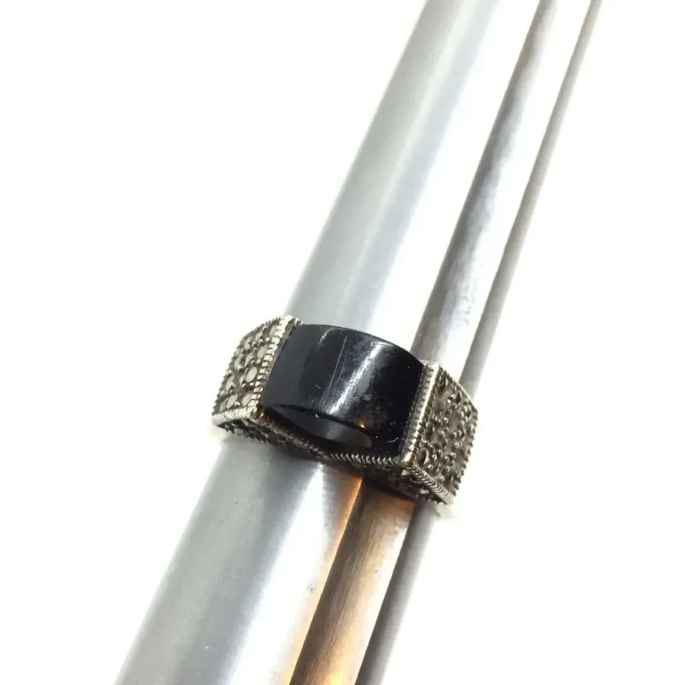 STERLING SILVER RING Black Stone Marcasite Domed Statement Boho Sz 9.25